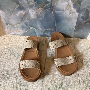 Women's Beige Laser-Cut Double Strap Soda Sandals Sandals